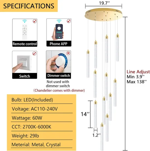 Miniatura 2 de Candelabro LED regulable de 12 luces para entrada, montaje empotrado, lámpara colgante de techo, candelabros de cristal para sala de estar, Dorado
