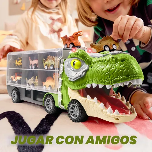 Miniatura 7 de JOYIN Juguetes de dinosaurio 13 en 1 para niños de 3 a 5 años, camión de dinosaurio con 12 autos de tracción, juguetes de regalo de cumpleaños