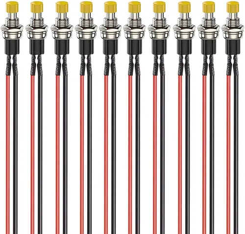 Miniatura 10 de Gebildet 10 piezas de botón de presión momentáneo mini precableado negro 3V-6V-12V-24V-230V/1A, SPST normalmente abierto ON/Off, botón redondo de 2