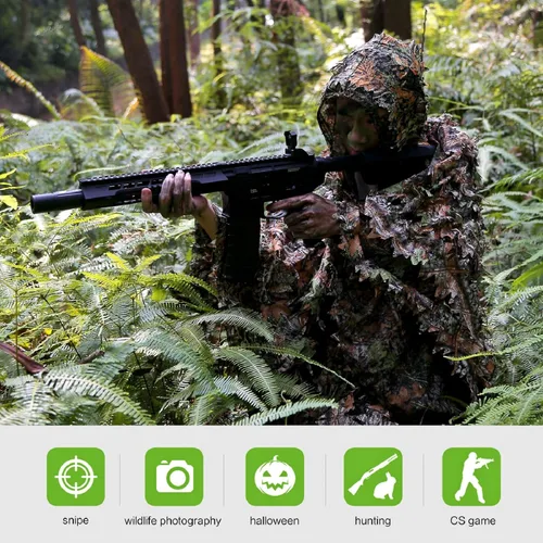 Miniatura 2 de Zicac Traje de Ghillie al aire libre 3d Leafy Camo Poncho para hombres caza pájaro reloj militar CS Woodland capucha camuflaje capa