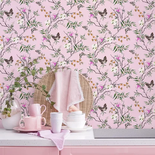 Miniatura 5 de VEELIKE Papel tapiz de estilo chinoiserie rosa con diseño de mariposas para dormitorio, habitación de niñas, 17.7 x 118 pulgadas, papel de contacto