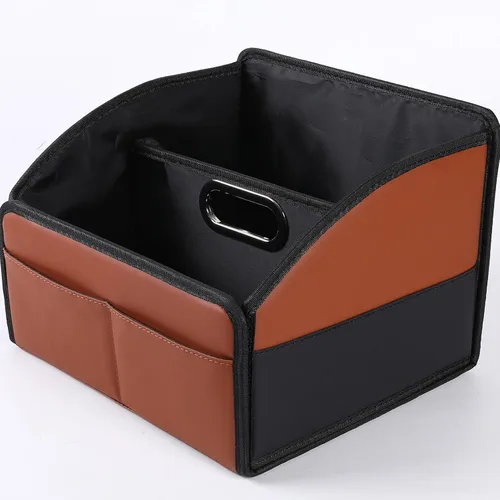 Organizador de cuero para asiento de automóvil, caja de almacenamiento plegable para asiento delantero, asientos traseros y piso, divisor extraíble,