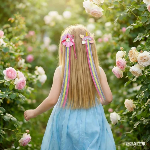 Miniatura 7 de Little World Pinzas para el cabello para niñas, 6 extensiones de cabello arcoíris, pinzas de pelo de unicornio para niñas y niños pequeños, colas