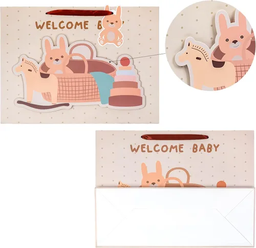Miniatura 6 de LeZakaa Bolsa de regalo de conejo de 16 pulgadas con papel de seda, etiqueta de regalo y tarjeta, bolsa caqui con conejo en el baño y diseño de Bebé