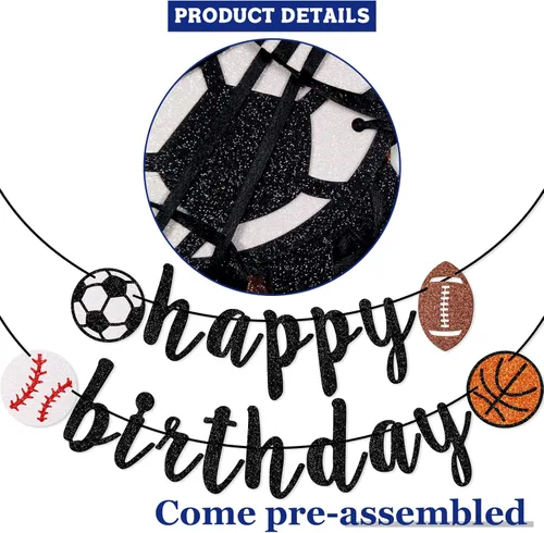 Miniatura 4 de Cartel deportivo de feliz cumpleaños, pancarta de cumpleaños con purpurina, fútbol, béisbol, fútbol, baloncesto (negro)