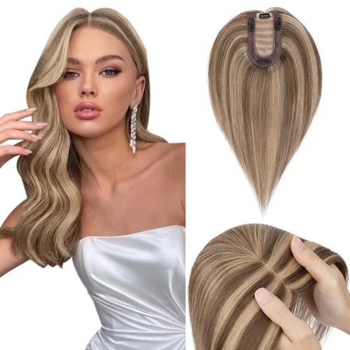 Miniatura 23 de Hairro Toppers de cabello humano 100% real para mujeres sin flequillo, postizos de cabello real con clip, base de seda transpirable para cubrir