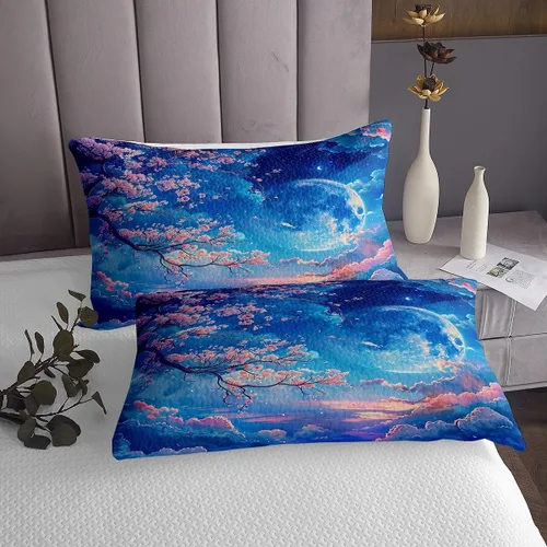 Miniatura 3 de Manfei Colcha de flores de cerezo tamaño individual, juego de colcha de cielo estrellado de nubes de luna, decoración de habitación para niñas