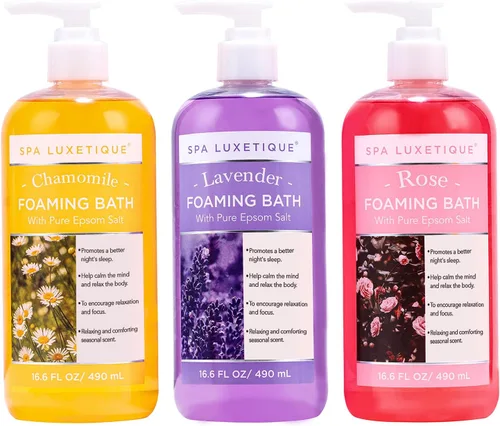 Spa Luxetique Baño de burbujas, baño espumoso con sal de Epsom, juego de baño con aroma a rosa de manzanilla y lavanda, paquete de 3 regalos de 49.8
