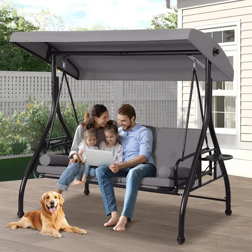 Miniatura 10 de Columpios de porche con toldo ajustable, cama de columpio para exteriores de 3 asientos, color azul Heavy Duty Porch Glider Bench with Stand