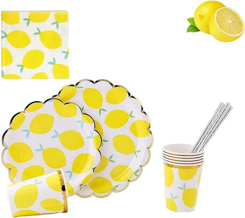 MaitianGuyou Juego de vajilla desechable de decoración de fiesta de limón, incluye platos de papel amarillos, vasos, popotes y servilletas, juego de