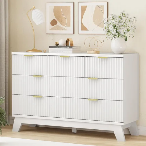 Miniatura 39 de Xixini - Cómoda moderna de madera acanalada para dormitorio, sala estar, pasillo o armario, para organizar y almacenar ropa o soporte de TV, 6 Roble