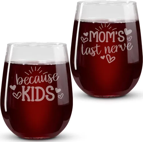 On The Rox Drinks Regalos de vino para mamás – Juego de 2 copas de vino sin tallo de 17 onzas «Because Kids and Mom's Last Nerve», regalos 2 piezas