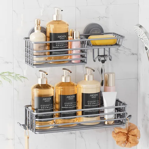 Miniatura 15 de LEVERLOC Cesta de ducha con ventosa, cesta de ducha con ganchos y jabonera para baño, organizador de ducha para baño sin necesidad de taladrar