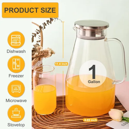 Miniatura 7 de Jarra de vidrio con tapa, jarra de agua de vidrio de 1 galón jarra de agua caliente/fría, jarra para bebidas de jugo y té helado con tapa