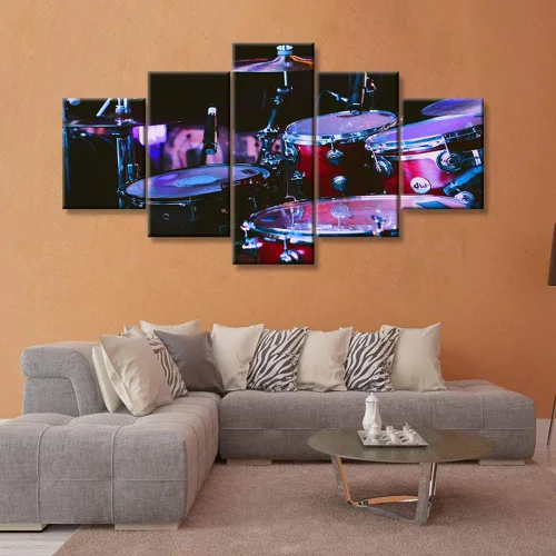 Miniatura 31 de Arte de pared en blanco y negro, kit de batería de jazz morado sobre fondo negro, pinturas de 5 paneles, lienzo, arte de pared para decoración