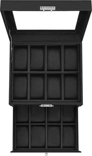 Miniatura 8 de SONGMICS Caja de reloj de 16 ranuras, caja de reloj con tapa de vidrio, 2 capas, vitrina de reloj con cerradura, cuero sintético negro, forro negro