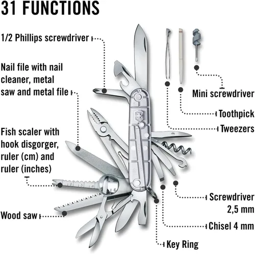 Miniatura 5 de Victorinox Swiss Champ - Cuchillo suizo del ejército, 33 funciones, navaja de bolsillo de fabricación suiza con hoja grande, destornillador, cincel