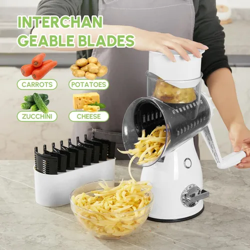 Miniatura 3 de Rallador rotativo de queso con asa, cortador de verduras y triturador de queso con 5 cuchillas de acero inoxidable, base de succión fuerte y caja