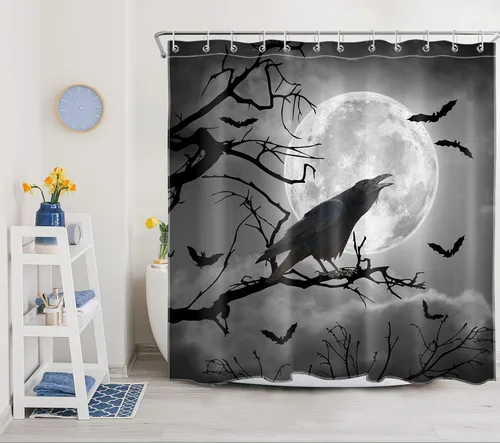 Miniatura 2 de LB Cortina de ducha gris de Halloween, cuervo negro sobre árbol muerto, juego de cortina de ducha de luna de terror, murciélago aterrador en bosque