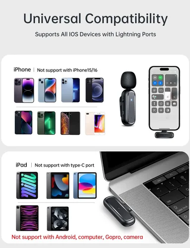 Miniatura 7 de Micrófono inalámbrico Lavalier para iPhone iPad con estuche de carga 7H Clip en el micrófono de solapa inalámbrico, paquete de 2 micrófonos