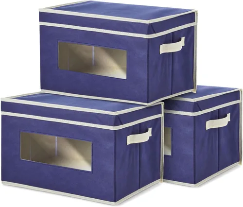 Juvale Contenedores de almacenamiento de tela con tapas, organizadores de almacenamiento debajo de la cama, organizador plegable con ventana, Azul
