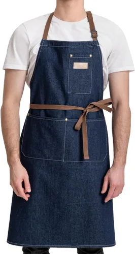 Miniatura 7 de ROTANET Delantal de trabajo de mezclilla con 3 bolsillos, delantales para chef, estilista, cocina, carpintería, para hombres y mujeres, azul y negro