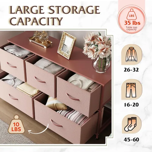 Miniatura 5 de WLIVE Cómoda para Dormitorio con 5 Cajones, Cómoda de Tela de Ancho Amplio, Unidad de Organización de Almacenamiento con Cajones de Tela para Rosa