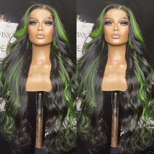 Miniatura 5 de Missyvan - Pelucas de encaje frontal verde para mujeres, ondas corporales, con detalles en negro y verde, tiras de rayas de zorrillo, sin pegamento