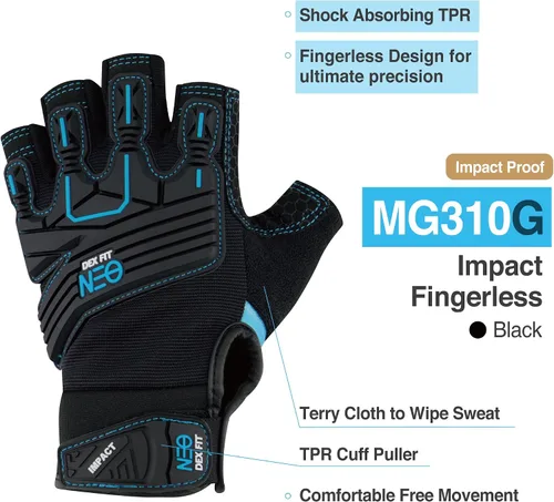 Miniatura 2 de DEX FIT │ MG310G │ Guantes sin dedos resistentes a impactos │ Duraderos, con absorción de impactos, agarre firme, ajuste cómodo, compatibles