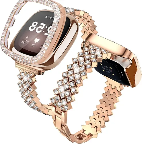 Miniatura 9 de Correa de reloj brillante compatible con Fitbit Versa 4/Fitbit Sense 2 para mujer, correa ajustable de aleación de cristal con diamantes
