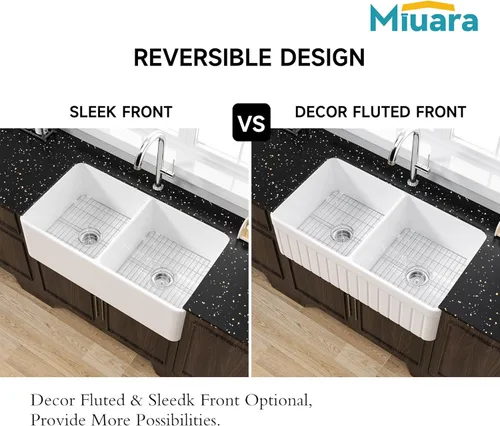 Miniatura 3 de Miuara Fregadero de cocina estilo casa de campo con cuenco doble de 33 pulgadas, fregadero de cocina frontal con delantal blanco, reversible, 33 x