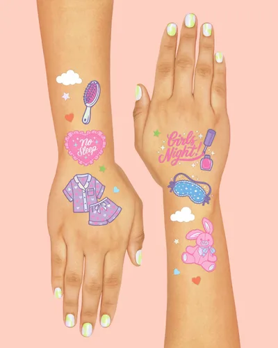 Miniatura 3 de xo, Fetti Tatuajes temporales de fiesta rosa para niñas – 52 estilos Suministros de fiesta de cumpleaños rosa, recuerdos de bolsa de regalos