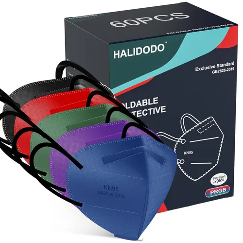 HALIDODO 60 Paquetes Mascarillas Faciales KN95, Envueltas Individualmente Protección de 5 Capas Copa Mascarilla Facial contra Polvo, Mascarilla de
