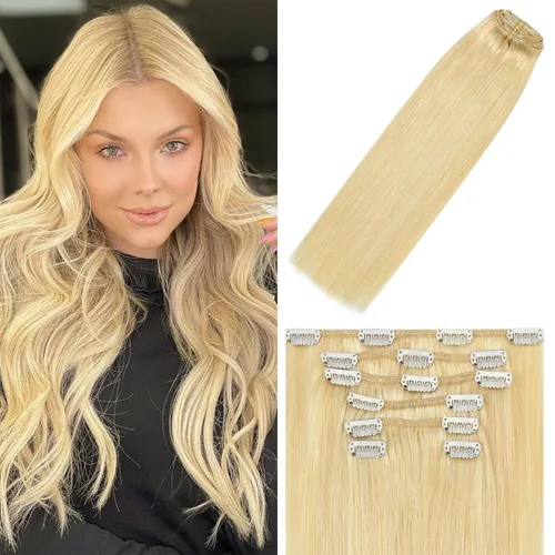 Miniatura 53 de WindTouch - Extensiones de cabello humano Remy con pinzas, color rubio decolorado combinado con balayage, para cabello rubio, 2.47 onzas, N.°