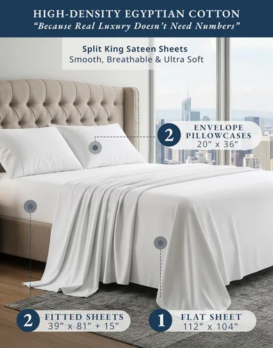 Miniatura 2 de LANE LINEN - Sábanas King divididas 100% algodón egipcio suaves y cómodas para camas ajustables, gruesas, calidad de hotel, costuras reforzadas