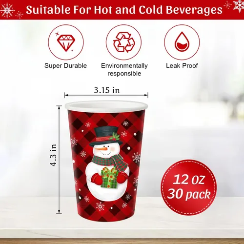 Miniatura 2 de CIOEY Vasos de papel desechables de Navidad, diseño de muñeco de nieve rojo y negro, diseño de búfalo para Feliz Navidad, decoraciones de fiesta