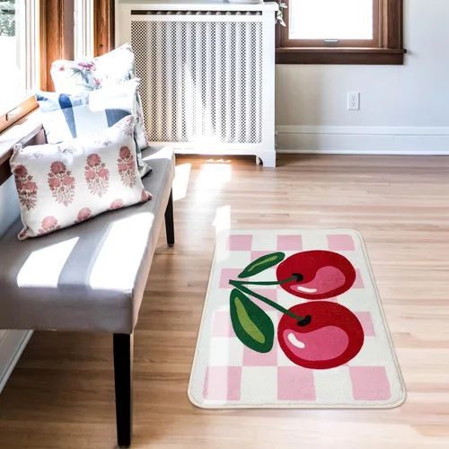 Miniatura 8 de SHIYUE Bonita alfombra de baño de cerezo a cuadros, antideslizante, extra suave, esponjosa, absorbente, de microfibra, divertida decoración de ducha