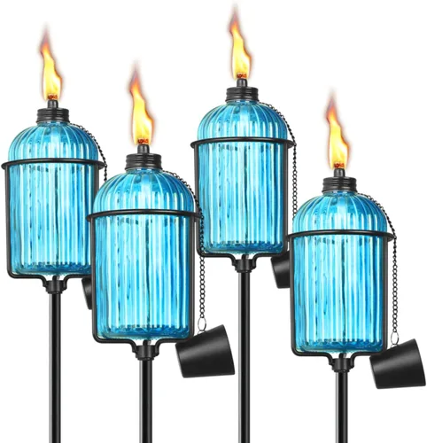 Paquete de 4 antorchas de cristal para jardín, 13.5 onzas, color azul, para decoración de jardín, 61 pulgadas con estaca de tierra de 3 puntas,