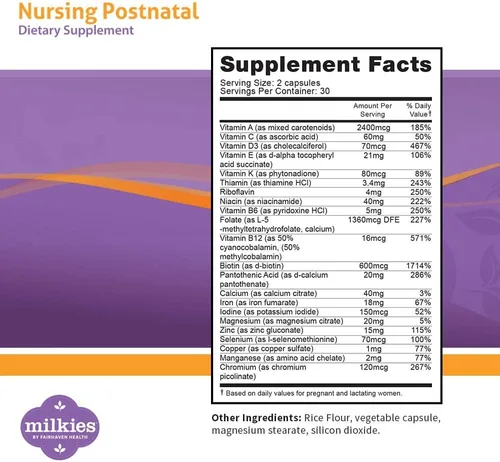 Miniatura 2 de Milkies Fairhaven Health - Suplemento vegetariano posnatal de enfermería para mujeres que amamantan con vitamina D y B, multivitamínico nutritivo