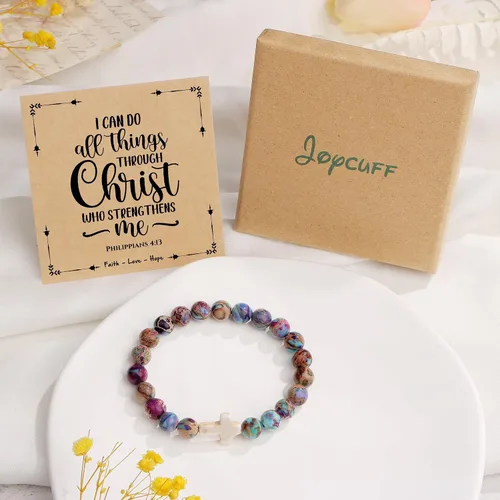 Miniatura 6 de JoycuFF Christian Gifts,Cross Braceletfor WomenGirls, Faith Easter Catholic Religious Christian Jewelry, Meaningful Baptism Communion Natural Beads