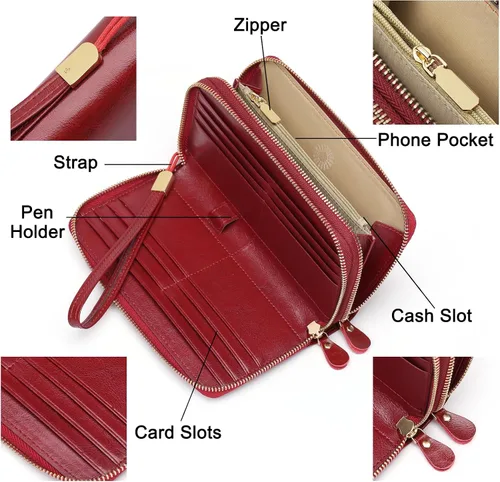 Miniatura 3 de SENDEFN Carteras de cuero para mujer, bloqueo RFID, doble cremallera alrededor del tarjetero de crédito, gran capacidad, 1-cera-vino tinto, Moderno