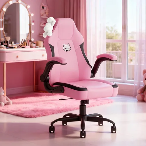Miniatura 7 de Silla de juegos rosa, silla ergonómica de escritorio de oficina con soporte lumbar, silla de computadora con reposabrazos abatibles, cómoda silla