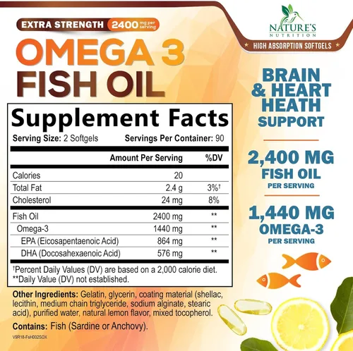 Miniatura 2 de Suplementos de aceite de pescado Omega 3 – 2400 mg de aceite de pescado por porción – Omega-3 de triple fuerza con ácidos grasos EPA y DHA – Apoyo