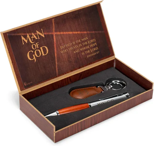 Dicksons Man of God 2 Piece Metal Woodgrain Bolígrafo y llavero de cuero sintético en caja de regalo