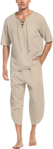 Babioboa Conjunto de 2 piezas de lino para hombre, camisa hippie de manga corta y pantalones capri harén holgados para playa, pantalones de yoga