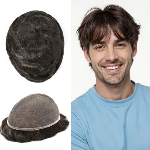 Miniatura 128 de PUNRU HAIR Completo Swiss Lace Toupee para hombres Sistema de cabello humano real Sistema de reemplazo de cabello humano para hombre Toupee