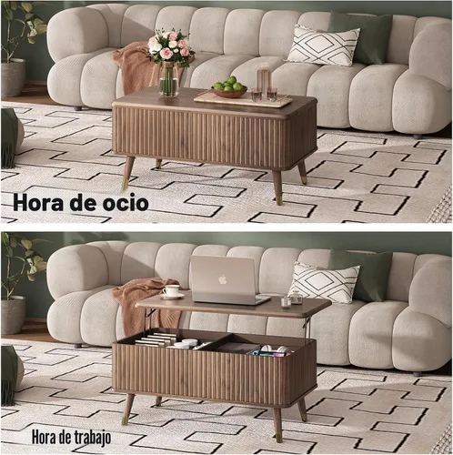 Miniatura 5 de JOINICE - Mesa auxiliar rectangular con tapa elevable para sala de estar u oficina en casa, con almacenamiento, diseño acanalado, estilo moderno