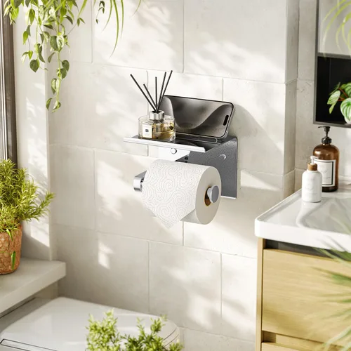 Miniatura 2 de Tindbea Soporte de papel higiénico con estante para teléfono, soporte de pared adhesivo o con tornillos para rollo de papel higiénico, dispensador