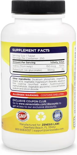 Miniatura 3 de Suplemento de apoyo con gluconato de potasio con yodo Kelp, de 250 comprimidos, 0,003 oz por tableta con 0,000005 oz de yodo, para la presión