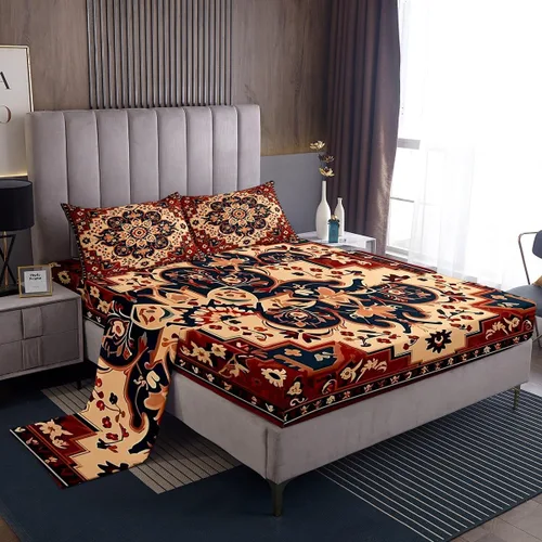 Erosebridal Juego de sábanas y fundas de almohada vintage con estampado floral oriental para niños pequeños, juego de sábanas de medallón persa,